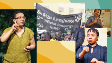 South Africans Newhouldt-Druchen, the broadcasting of the activism, a teacher instructing a deaf student, and Andiswa Geshabe