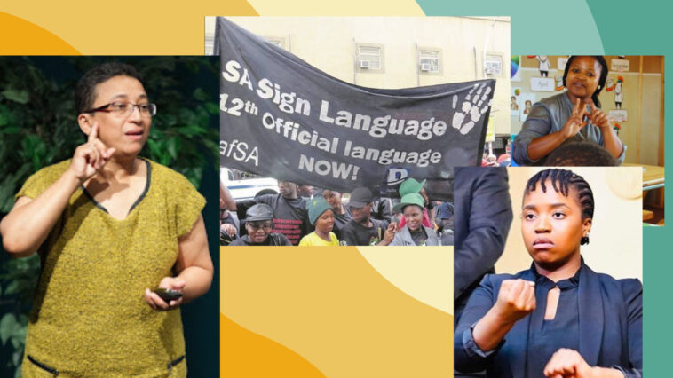 South Africans Newhouldt-Druchen, the broadcasting of the activism, a teacher instructing a deaf student, and Andiswa Geshabe